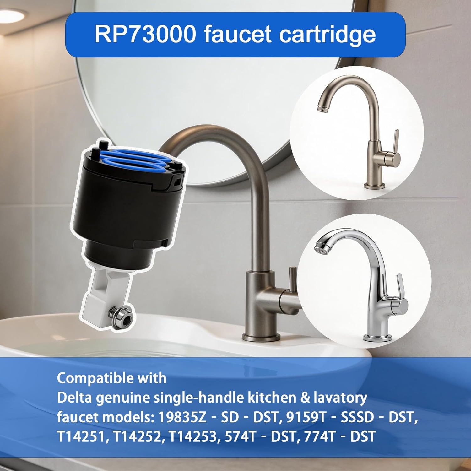 Faucet Cartridge, Replacement for Delta RP73000 & Brizo 11410, Compatible with Delta Trinsic/Zura Single-Handle Kitchen Lavatory Faucets (19835Z/9159T/T14251 Series), Leak-Proof Ceramic Disc
