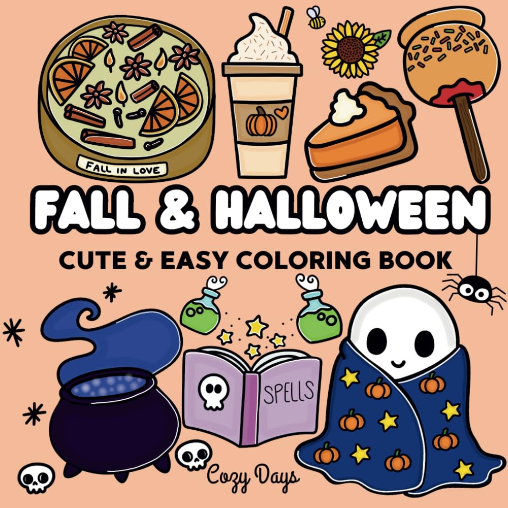 Fall & Halloween: Coloring Book for Adults & Kids, 46 Cute & Easy Designs for Relaxation Featuring Cozy Pumpkins, Food, Drinks, Witch, Ghosts & Candy: Bold & Easy Coloring