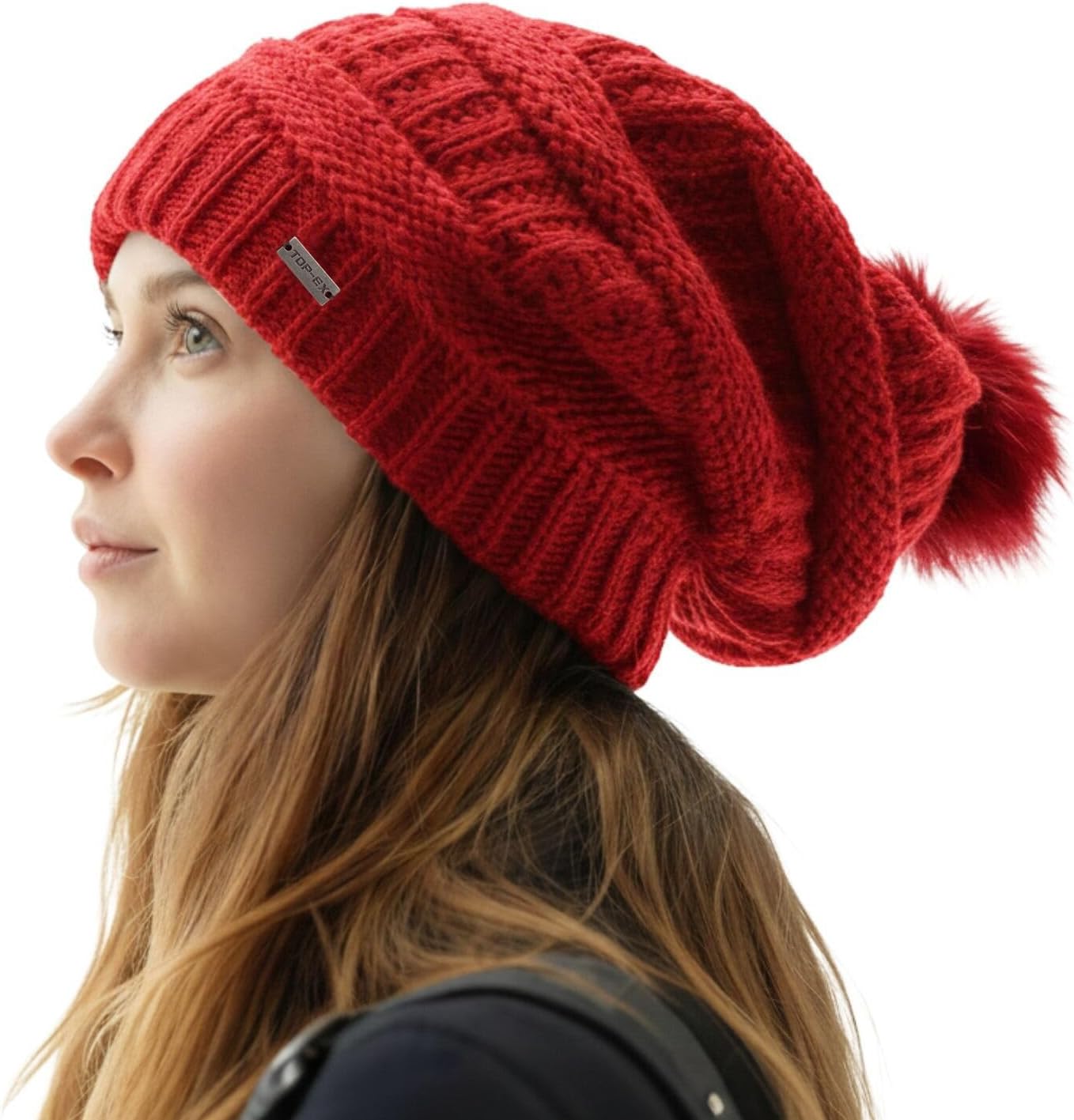 TOP-EX PolarWool™ Winter Slouchy Beanie for Women Icelandic Wool with Faux Fur Pom - Satin or Fleece Lined for Cold Weather