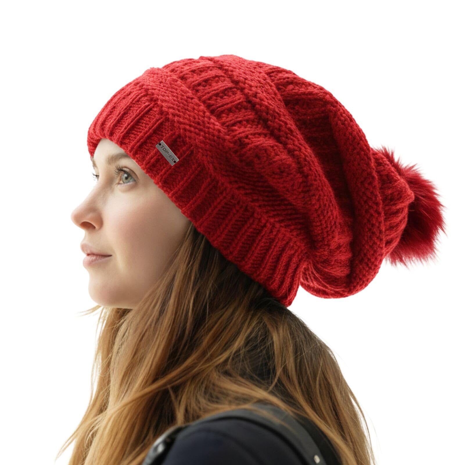 TOP-EX Slouch Beanie Mützen für Damen aus 100 % Merinowolle, Wollmütze mit schickem Fellbommel, Satin oder Fleecefutter