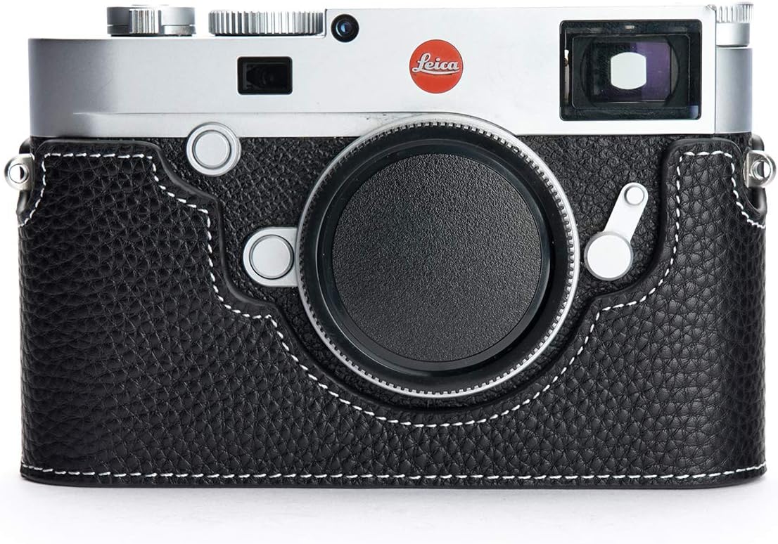 M10 Camera Case, BolinUS Handmade Genuine Real Leather Half Camera Case Bag Cover for Leica M10 Camera Bottom Opening Version + Hand Strap (Black)