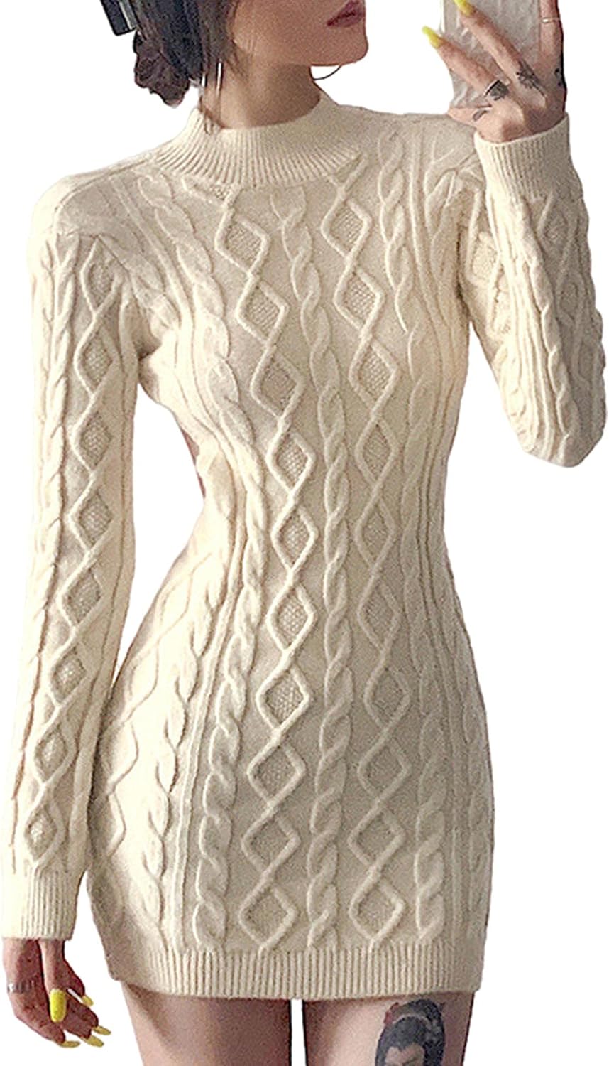 xxxiticat Women's High Neck Sweater Dress Long Sleeve Backless Cut Out See Through Cable Knitted Turtleneck Sweaters