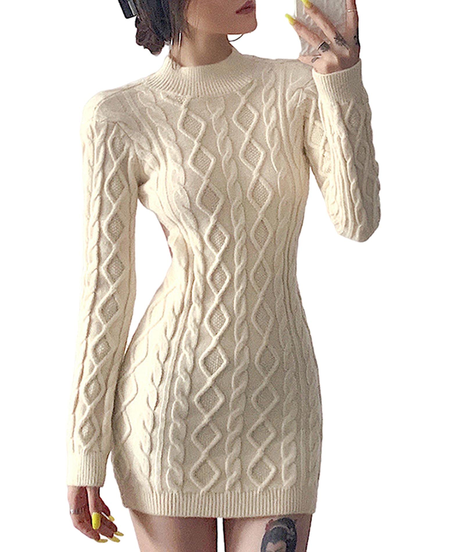 xxxiticat Robe Pull à col Haut pour Femme - Manches Longues - Dos Nu - Découpe Transparente - Tricot torsadé - Col roulé, abriot, M