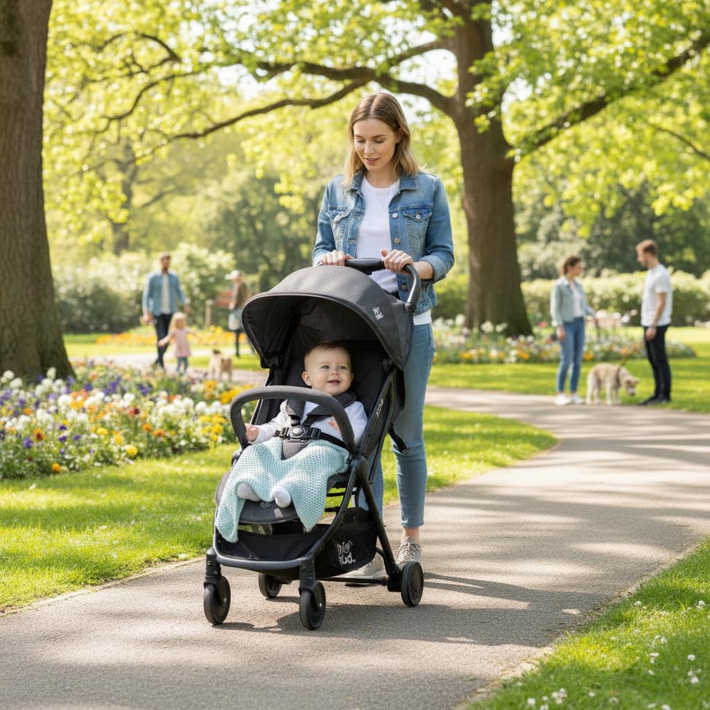 HiBud Baby Stroller, Lightweight Compact Stroller with One-Hand Auto Folding, 5-Point Harness, Adjustable Footrest, Multi-Position Recline, Carry Strap, Supports up to 40 lbs (Black)