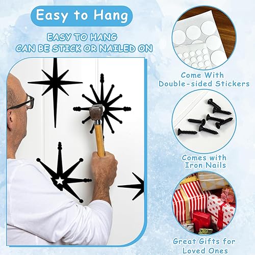 Miniatura 2 de 4 piezas de decoración de pared de estrella de hierro fundido de estilo moderno de mediados de siglo, arte de metal negro en forma de estrella,