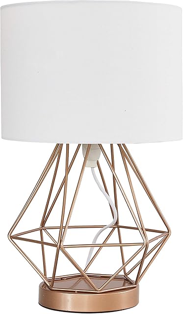 MiniSun Modern Copper Metal Basket Cage Touch Table Lamp with a White Cylinder Shade