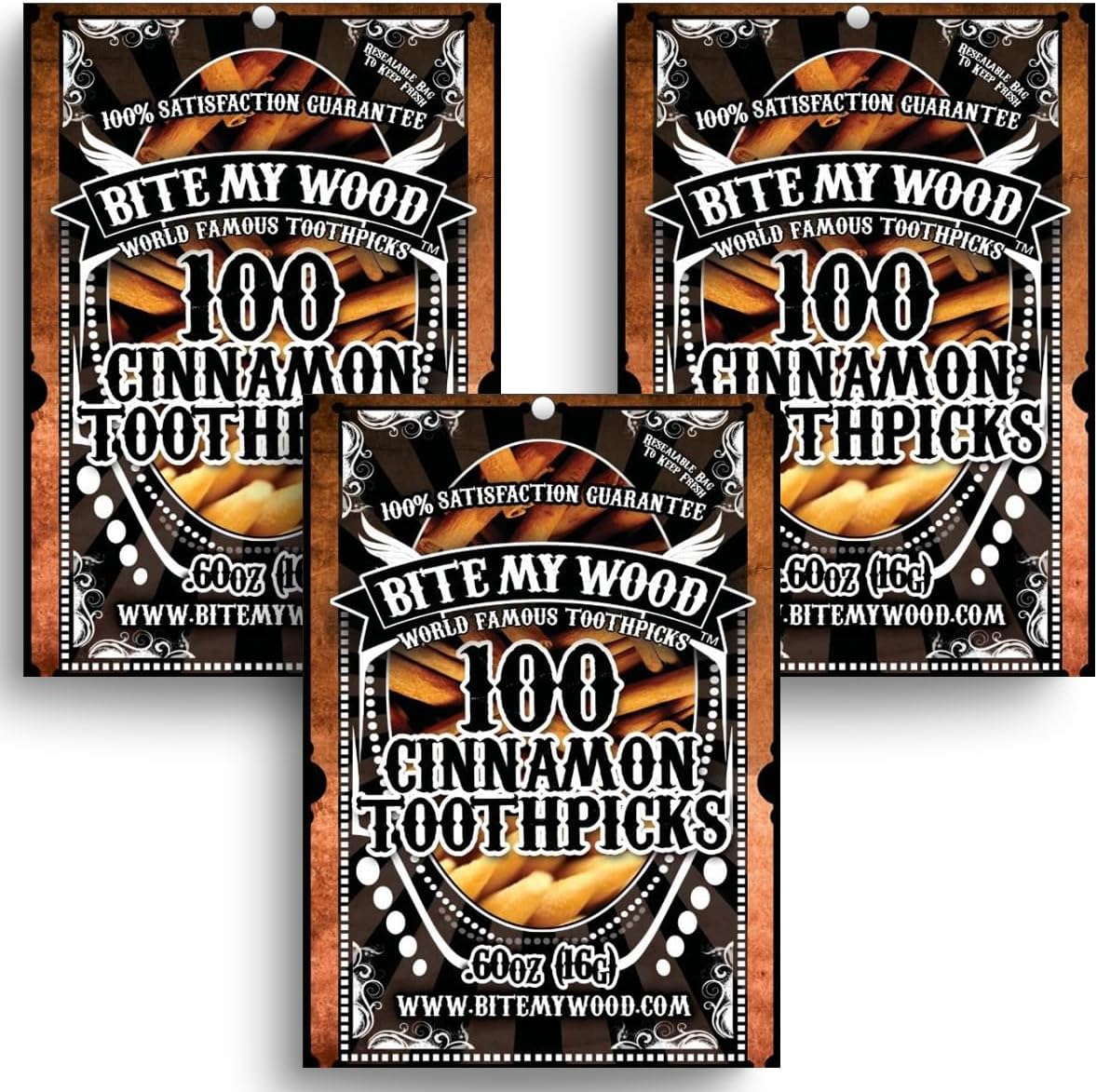 Bite My Wood Cinnamon Toothpicks - Infused 3 Times Flavor Toothpicks May Aid In Quit Smoking, Zero Calories Keto Friendly, May Help Curb The Urge When Dieting - 100 Count (3 Pack Cinnamon)