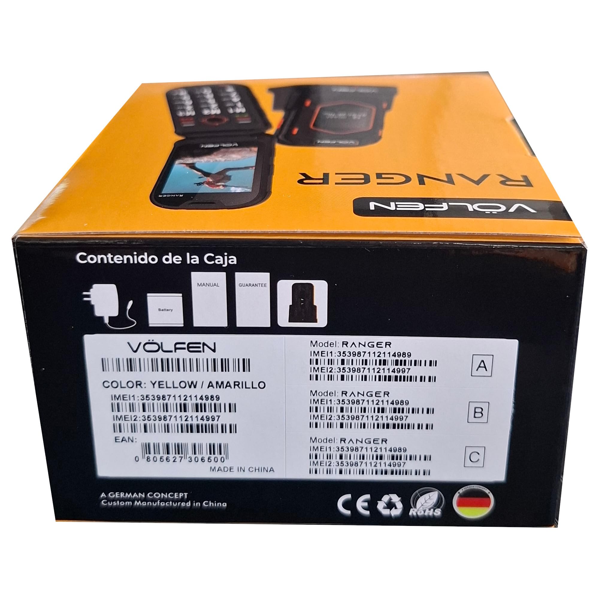 Ranger - Telefono robusto per anziani, doppio schermo, pulsanti e tasti grandi, facile da usare, USB-C, 3 memorie dirette, base di ricarica, nero/giallo