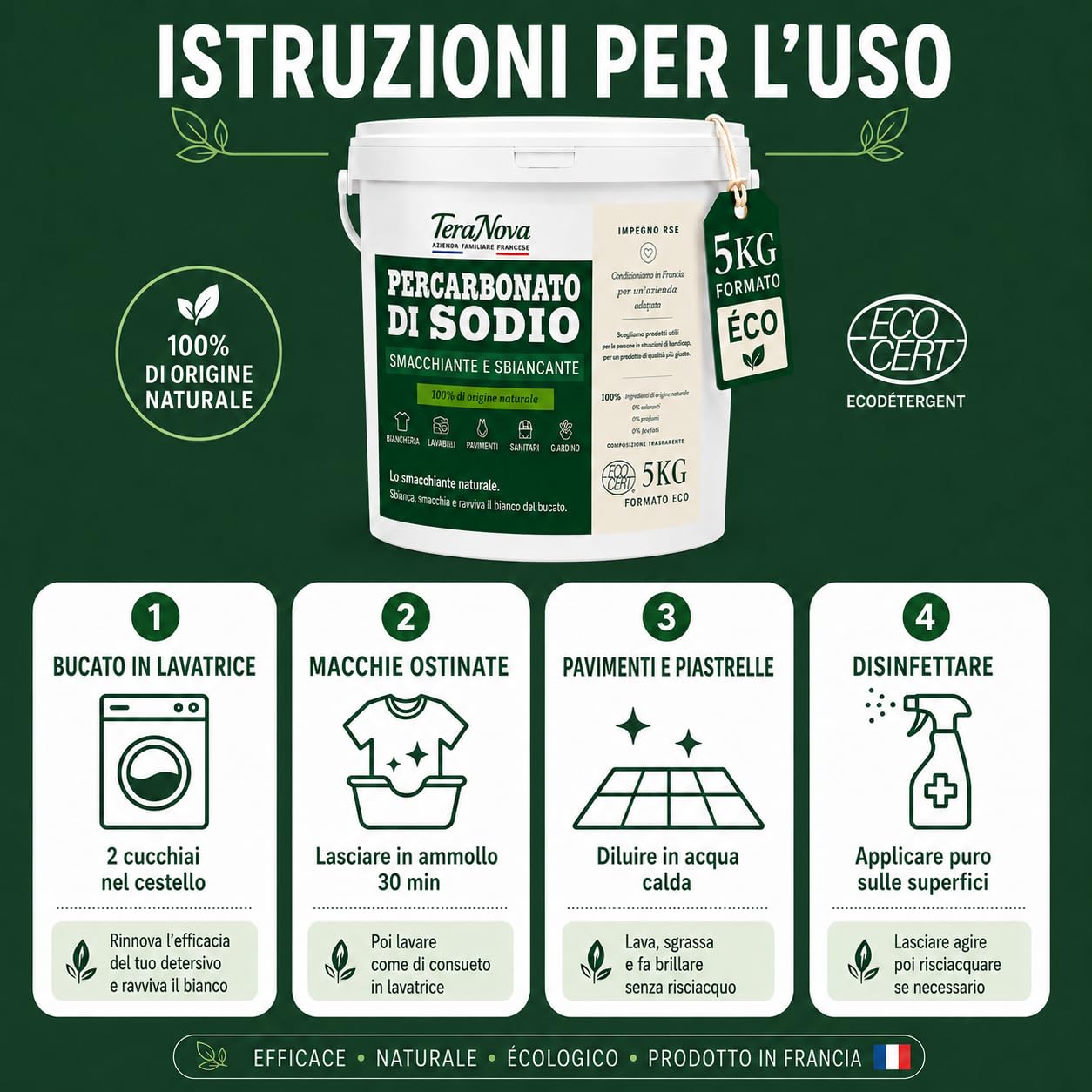 Percarbonato di Sodio 5 kg – Smacchiatore e Sbiancante Naturale ECOCERT – 100% Puro senza Additivi – Oltre 600 Lavaggi – Ossigeno Attivo – Dosatore Incluso