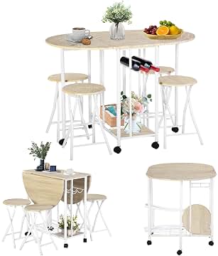 Mesa de Comedor con 4 Sillas, Mesa de Cocina Que Ahorra Espacio, Mesa Plegable con Espacio de Almacenamiento, con 4 Sillas Plegables, Adecuada para Comedor, Bar, Terraza, Roble Natural