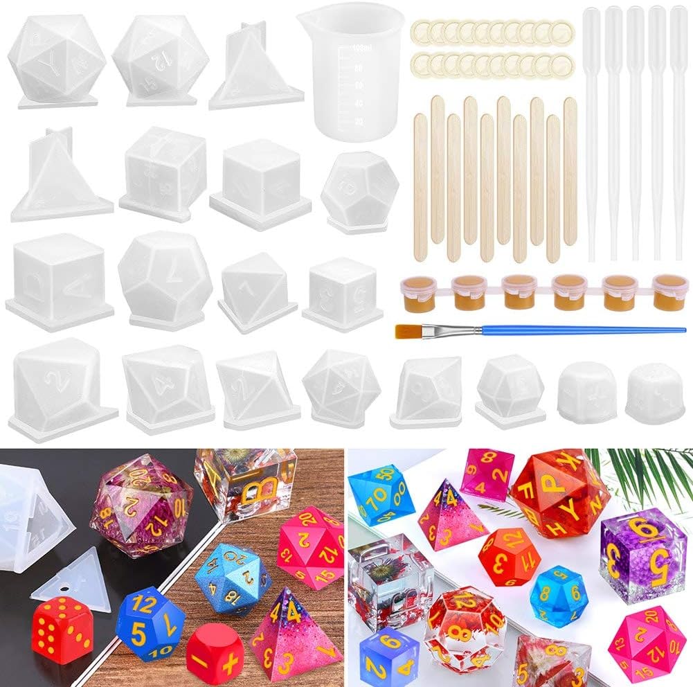 Shynek Resin Dice Molds, 19 Styles Polyhedral Game Dice Molds Set with Silicone Dice Mold, Mixing Sticks, Measuring Cup, Droppers, Acrylic Paints Set for Epoxy Resin Dice Making