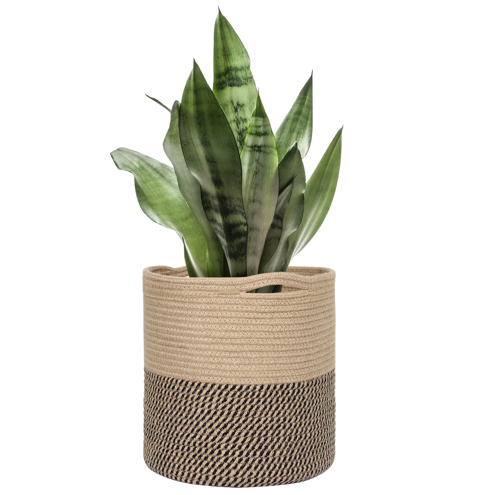 Woven Jute Plant Basket, Wicker Basket Planter for 10 inch Pot, Round Indoor Tree Pot Cover, Small Boho Planter Baskets, Decorative Basket for Plants and Home Decor, 11”X11”, Black Stripes