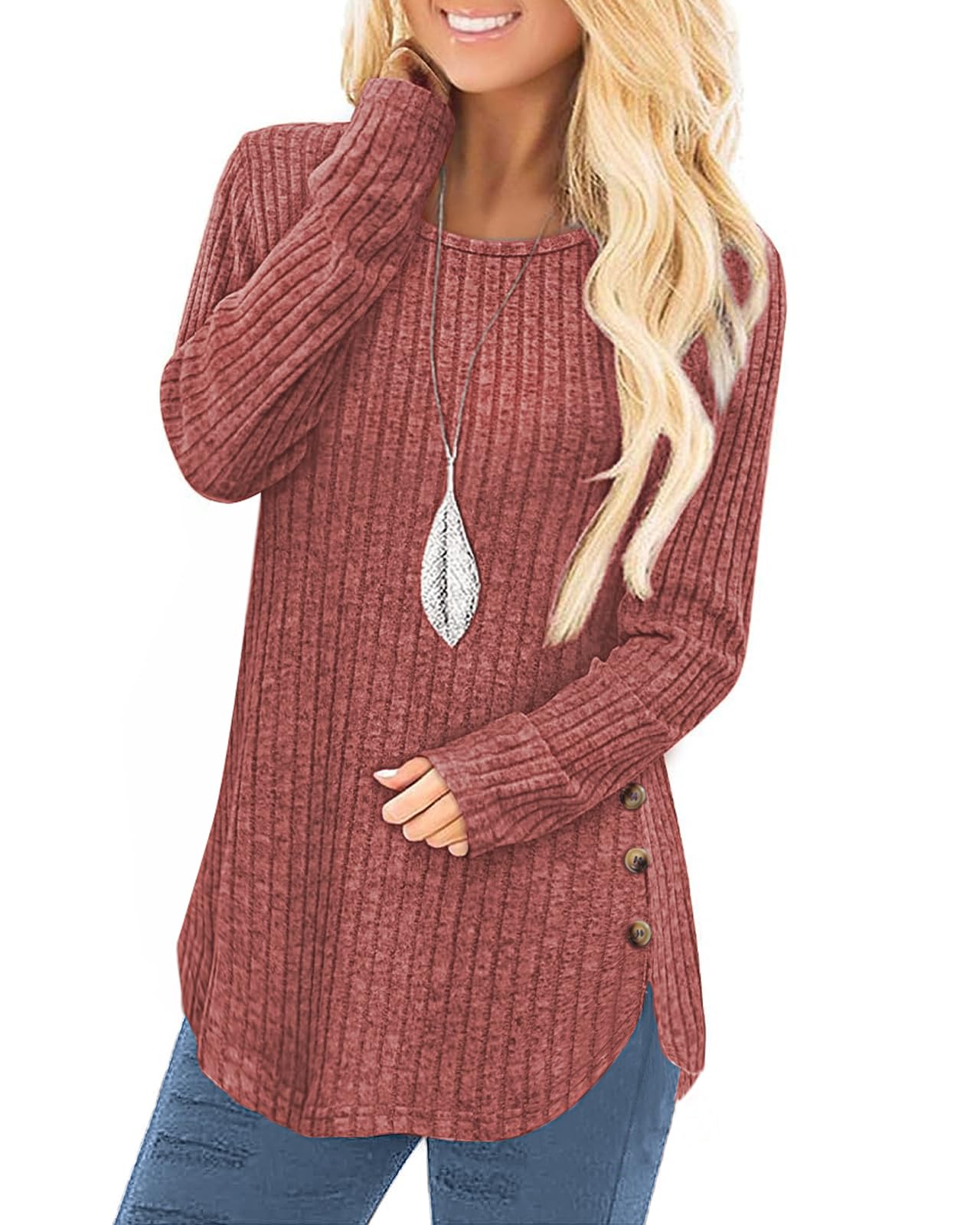 Tanmolo Damen Pullover Herbst elegant Oberteile Langarm Strickpullover mit Knopfdetail und Kabelstruktur Leichter Arc-Saum Rundhals Pulli