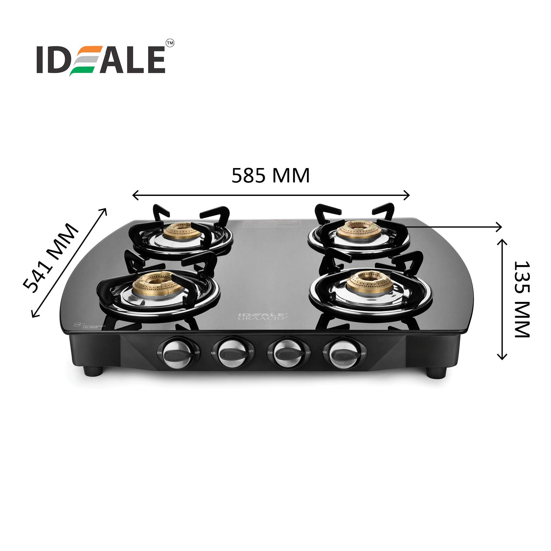 Ideale Graacio VIRO Stainless Steel 4 Burner Glass Top Gas Stove, Black (IG-G404M)