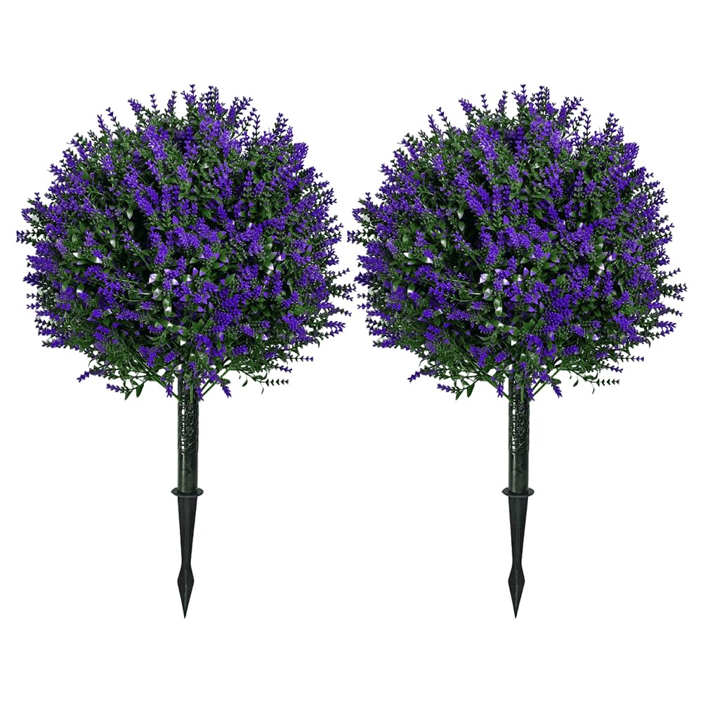 JOYWU Set of 2 Artificial Boxwood Topiary Ball Trees with Red Flowers for Outdoor with Ground Spike 27", UV Resistant Faux Greenery Shrubs Bushes,