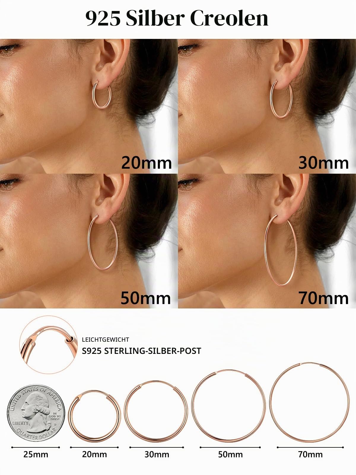 Silvora Creolen Silber 925 Damen Ohrringe Gold Silber Rosegold Schwarz | Hoop Earrings 20/30/50/70mm Durchmesser, Antiallergisch 925 Silber Ohrringe Creolen Modeschmuck für Damen Herren