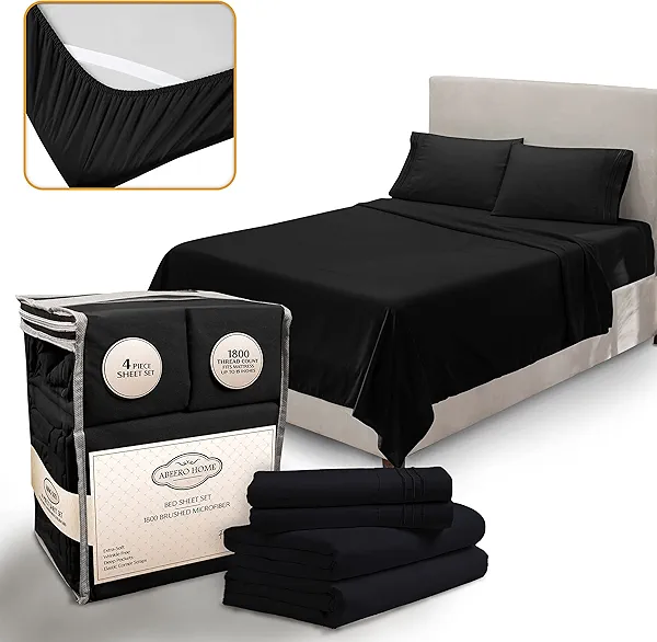 Abeero Home Twin Sheets Set - Luxury Hotel Bed Sheets - Soft Cooling Sheets with Elastic Corner Straps - Deep Pockets Microfiber Bedsheets - Bedding Sheet & Pillowcases Sets 3 PC (Twin Size, Black)