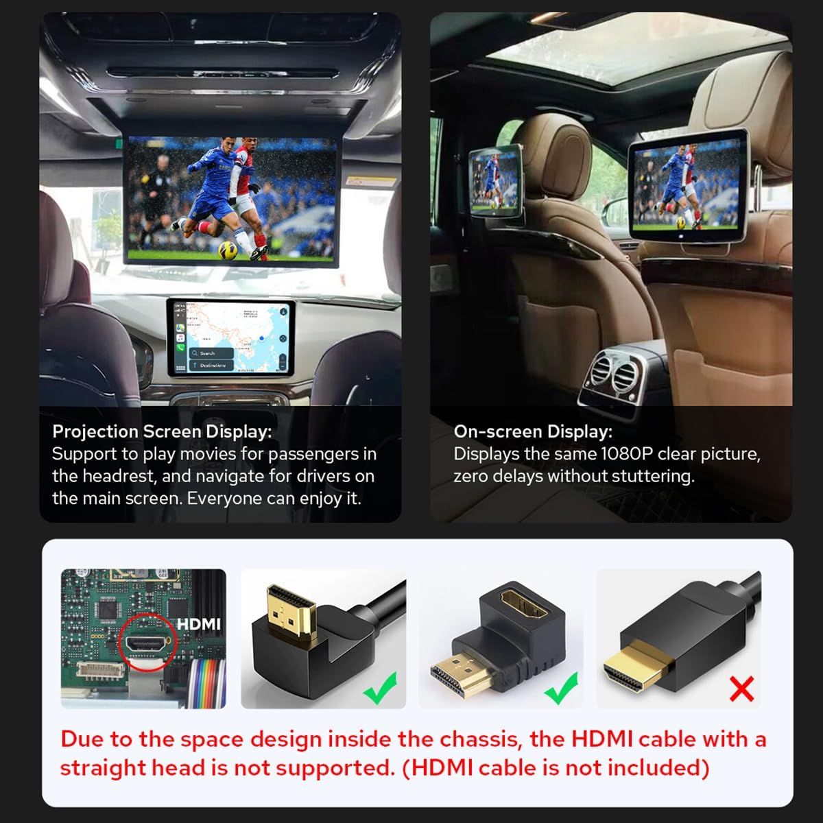 Images showing projection screen display for passengers and on-screen display for drivers, along with compatible and incompatible HDMI cable types.