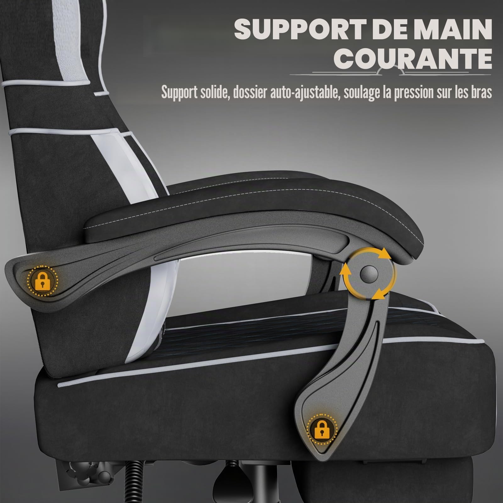Soontrans Chaise Gaming Ergonomique avec Coussin Lombaire Massage, Chaise Gamer，Fauteuil Gaming avec Repose Pieds télescopique&Appui tête&Dossier Inclinable à 160°, Tissu Velours, 136 kg（Noir&Gris）