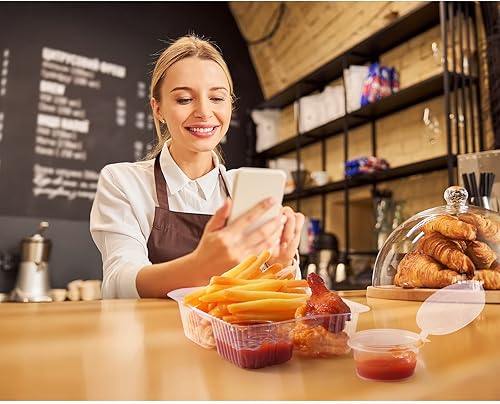 Miniatura 5 de Juego de 100 recipientes para nachos, incluye 50 bandejas de plástico para nachos y 50 recipientes de plástico para condimentos para soufflé,