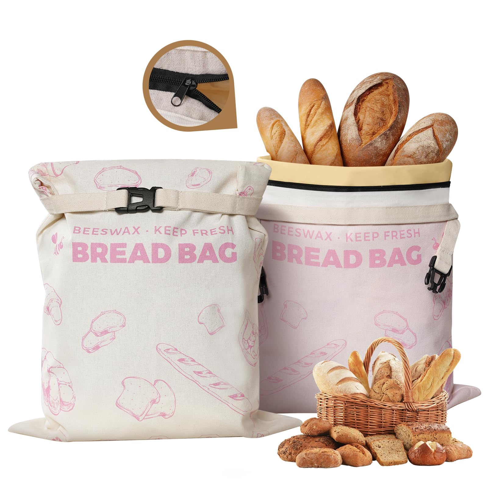 YARRAMATE Beeswax Bread Bags for Homemade Sourdough, Zipper Reusable Cotton Food Storage Bags to Keep Loaf Fresh, Large Freezer Safe and Eco Friendly Bread Containers (Pink,17x13", 2 Pack)