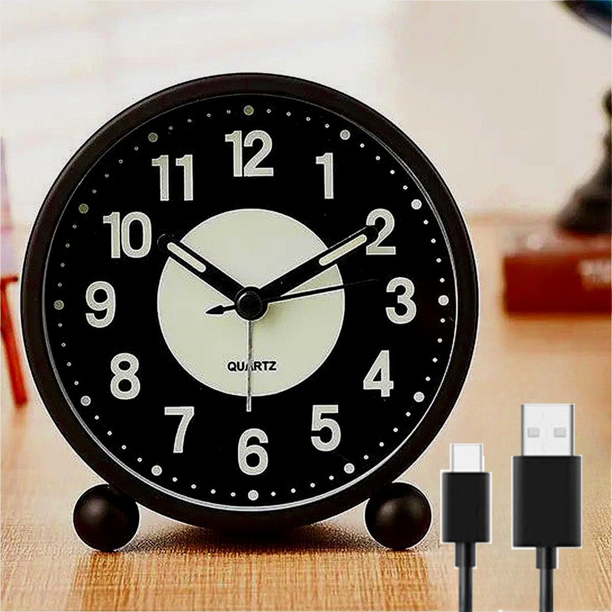 Ebilun Black Rechargeable Silent Bedside Alarm Clock Non Ticking Glow-In-The-Dark Bedroom Clock Usb Rechargeable (Black Rechargeable)