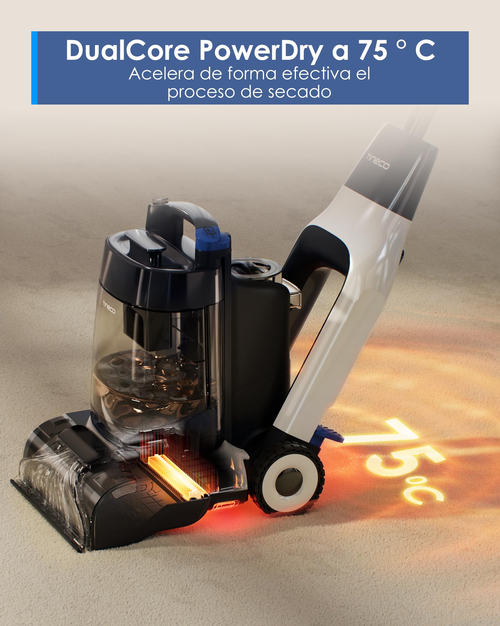 Tineco CARPET ONE Cruiser Limpiador de Alfombras Inteligente, Auto-limpieza y FlashDry, Limpieza Profunda para Alfombras y Tapicerías, 75℃ PowerDry, Potente Succión de 130W | Succión de 130W, SmoothPower de 3 niveles, PowerDry DualCore de 75 °C, Limpieza
