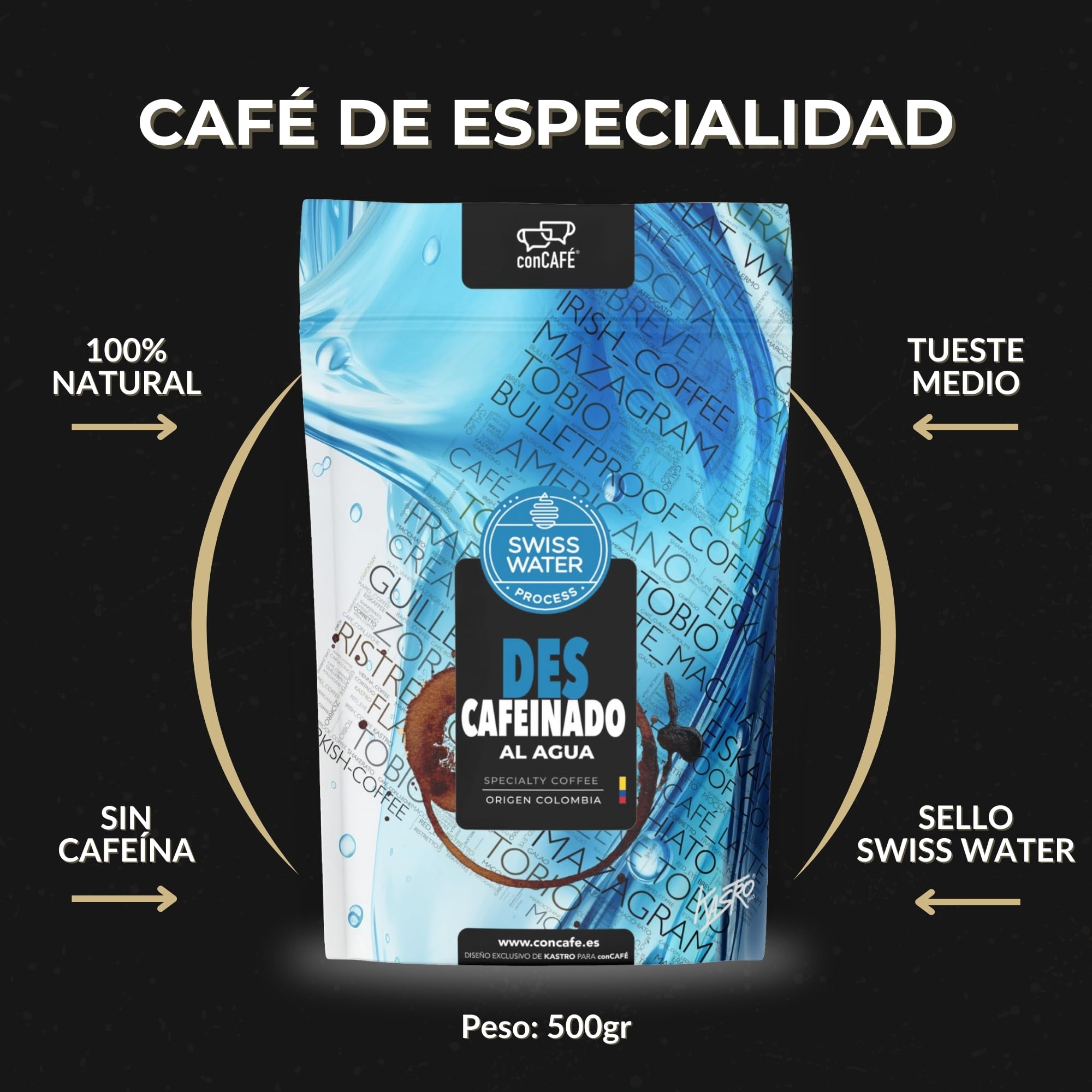 conCAFÉ - Café en grano Descafeinado al agua sin químicos y certificado por Swiss Water | Colombia | 100% Arábica | Specialty Coffee +80 puntos | Tueste Natural y Artesanal | Paquete 500g