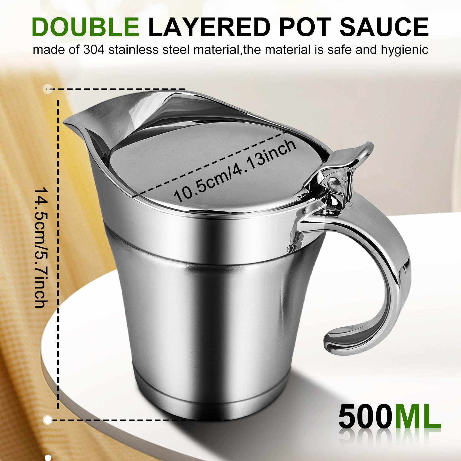 Thermo-Sauciere aus Edelstahl, 500 ml, doppelte Isolierung, elegant, silberfarben, mit Deckel, isoliert