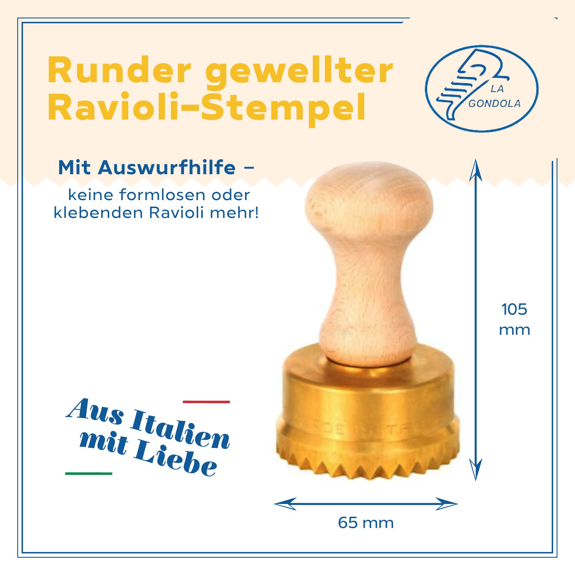 La Gondola Ravioli-Stempel - Rund Gewellt 65mm | Italienisches Pasta-Werkzeug für Zuhause und gewerbliche Küche | Messing & Naturholz Einfach zu verwenden | Tortellini Ravioli Ausstecher Made in Italy