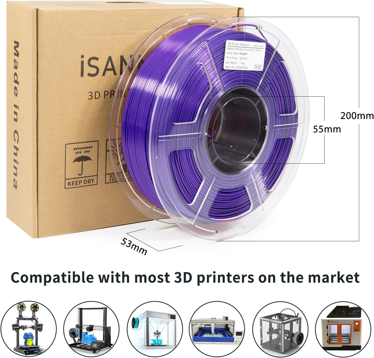 iSANMATE 3D Printer Filament, PLA Filament 1.75mm Dual Color Filament, Shiny Silk PLA Coextruded Filament, 3D Printing Filament Magic PLA, 1 kg/Spool (Black+Purple)