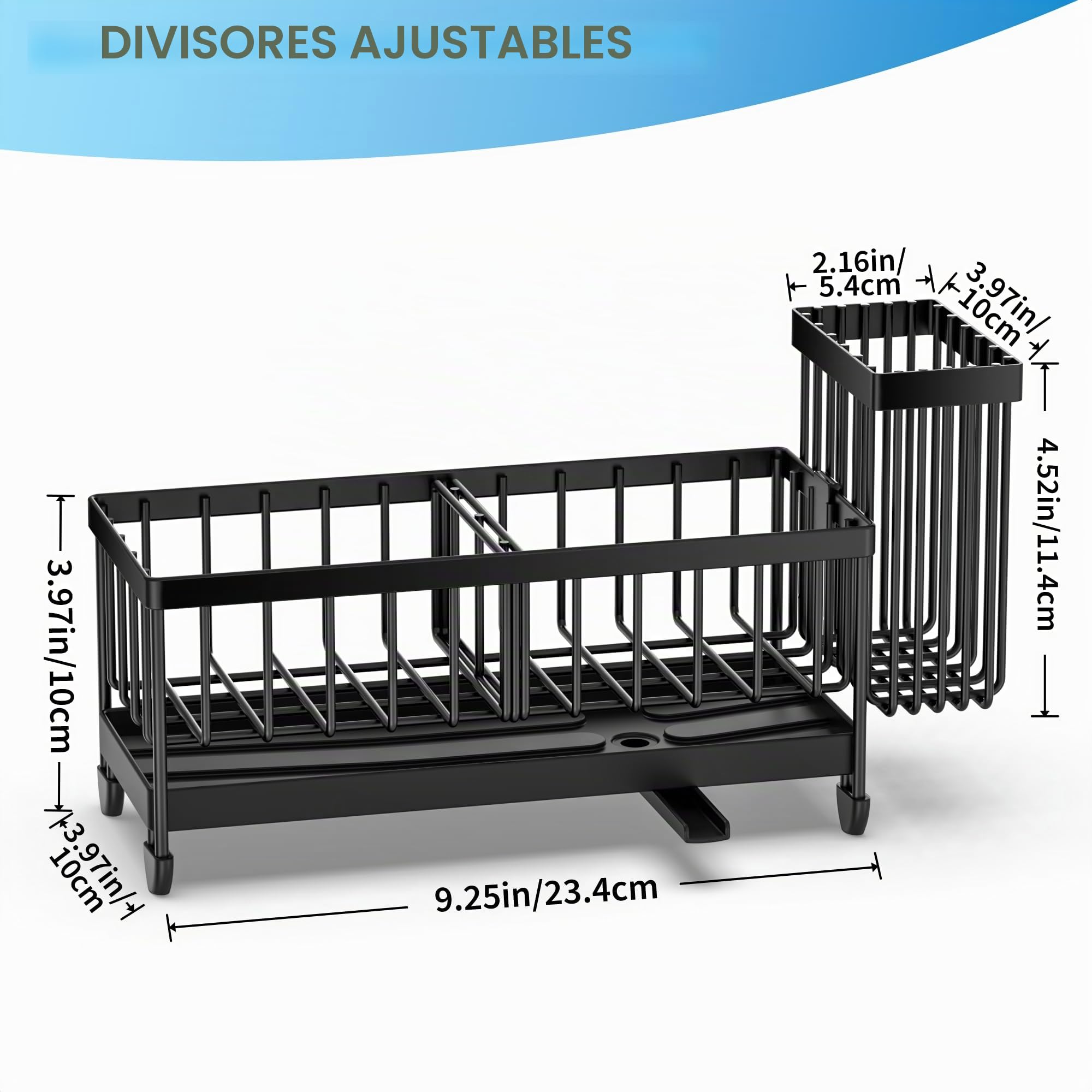 Cisily Portaesponjas para fregadero de cocina, organizador de fregadero con soporte alto para cepillos, acero inoxidable 304, divisor para jabón y almacenamiento del dispensador, negro