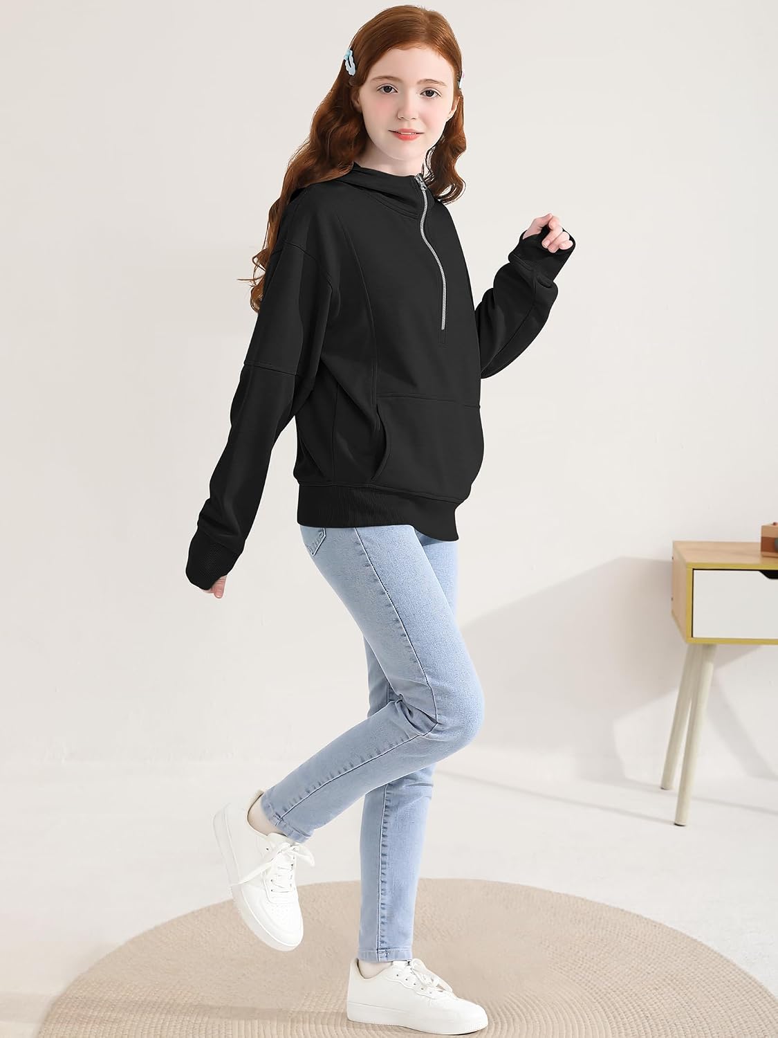 Girls Half Zip Hoodie Zip Up Pullover Sweatshirt Long Sleeve Top with Thumb Hole Pocket for Fall Winter