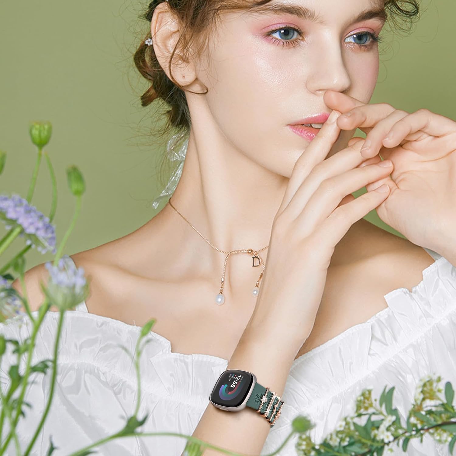 Floral Engraved Bands Compatible with Fitbit Versa 4/Versa 3/Sense 2/Sense Band with Charms, Soft Silicone Sport Fancy Replacement Wristbands Strap with Cute Decorative Rings Accessories for Women image 2