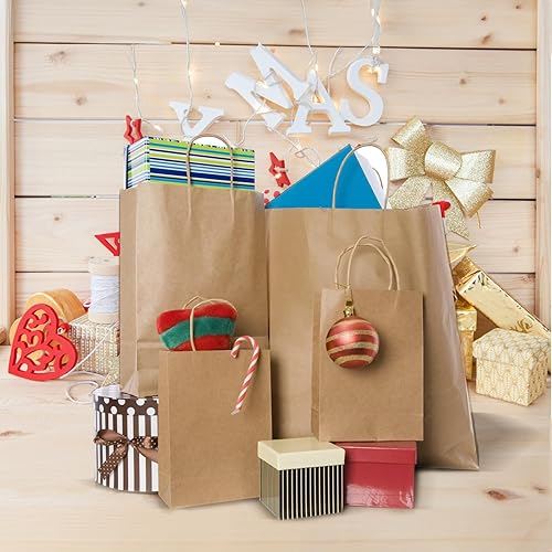 Miniatura 6 de COGLARING 130 bolsas de papel marrón con asas, bolsas de regalo de estraza de varios tamaños a granel para pequeñas empresas, bolsas de compras,