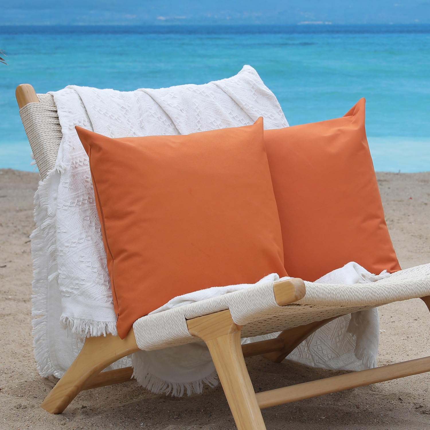 Snugtown 16 x 16 Inches Outdoor Waterproof Solid Throw Pillow Covers, Outside Water Resistant Square Cushion Cases for Patio Lawn Balcony Couch Sofa, Pack of 2, Orange