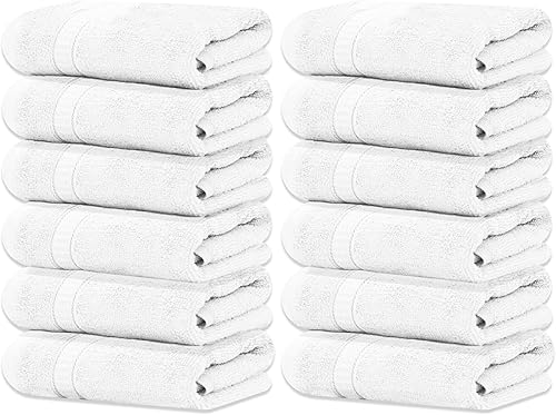 GOLD TEXTILES Paquete de 12 paños de lavado (13 x 13 pulgadas, blanco) suaves de algodón hilado con enjuague, altamente absorbentes y de secado