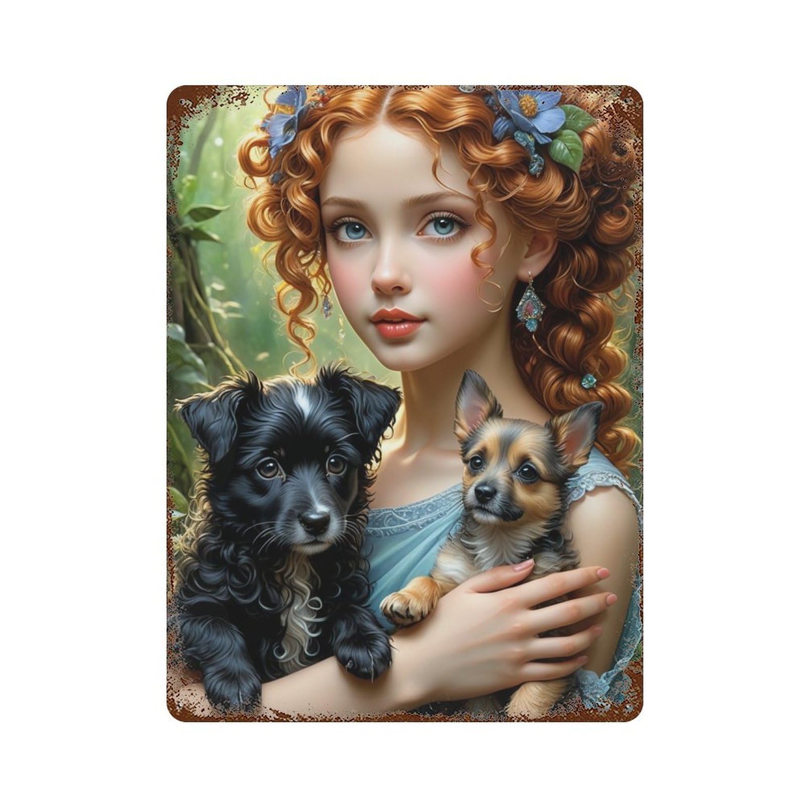 Garage Style Fantasy Girl with Cute Puppies Aged Metal Wall Plaque 15.7"x11.8", Novelty Wall Decor for Bar And Workshop