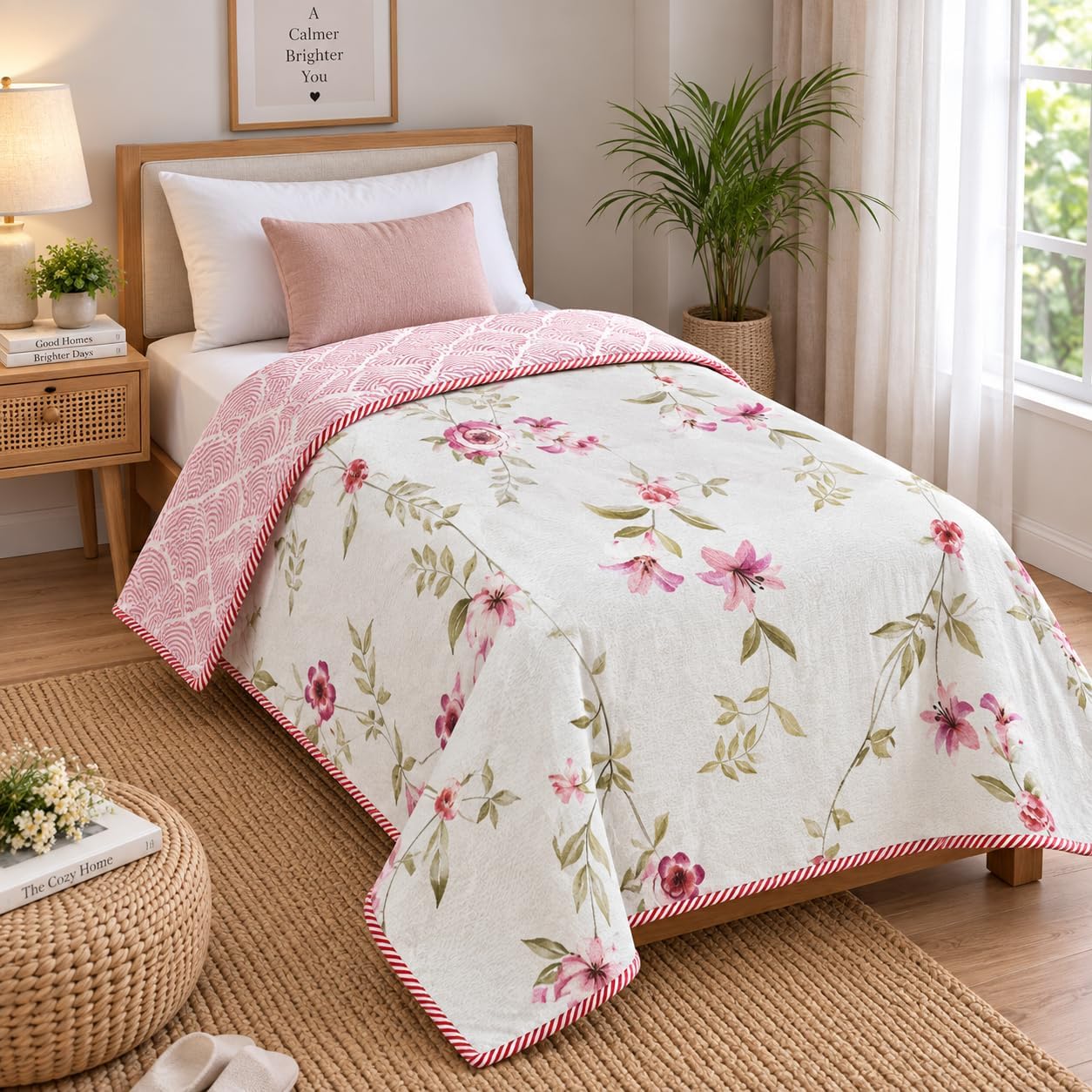 COZY FURNISH Single Bed Dohar 144x220 CM, Soft Microfiber Cotton AC Comforter, Lightweight 150 GSM Summer Quilt, Breathable Floral Print Dohar for Summer & AC Use, Mild Winter Blanket, Gifting