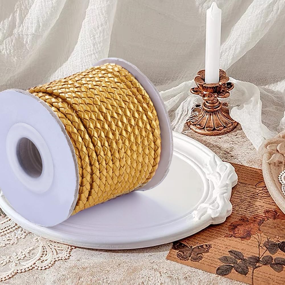 About 11 Yards 3MM Gold Round Braid Leather Cord Genuine Real Cowhide String Bolo Leather Strips Bulk Rolls with Spool for Jewelry Making Crafts Headbands Shoelace Bracelet Necklaces DIY