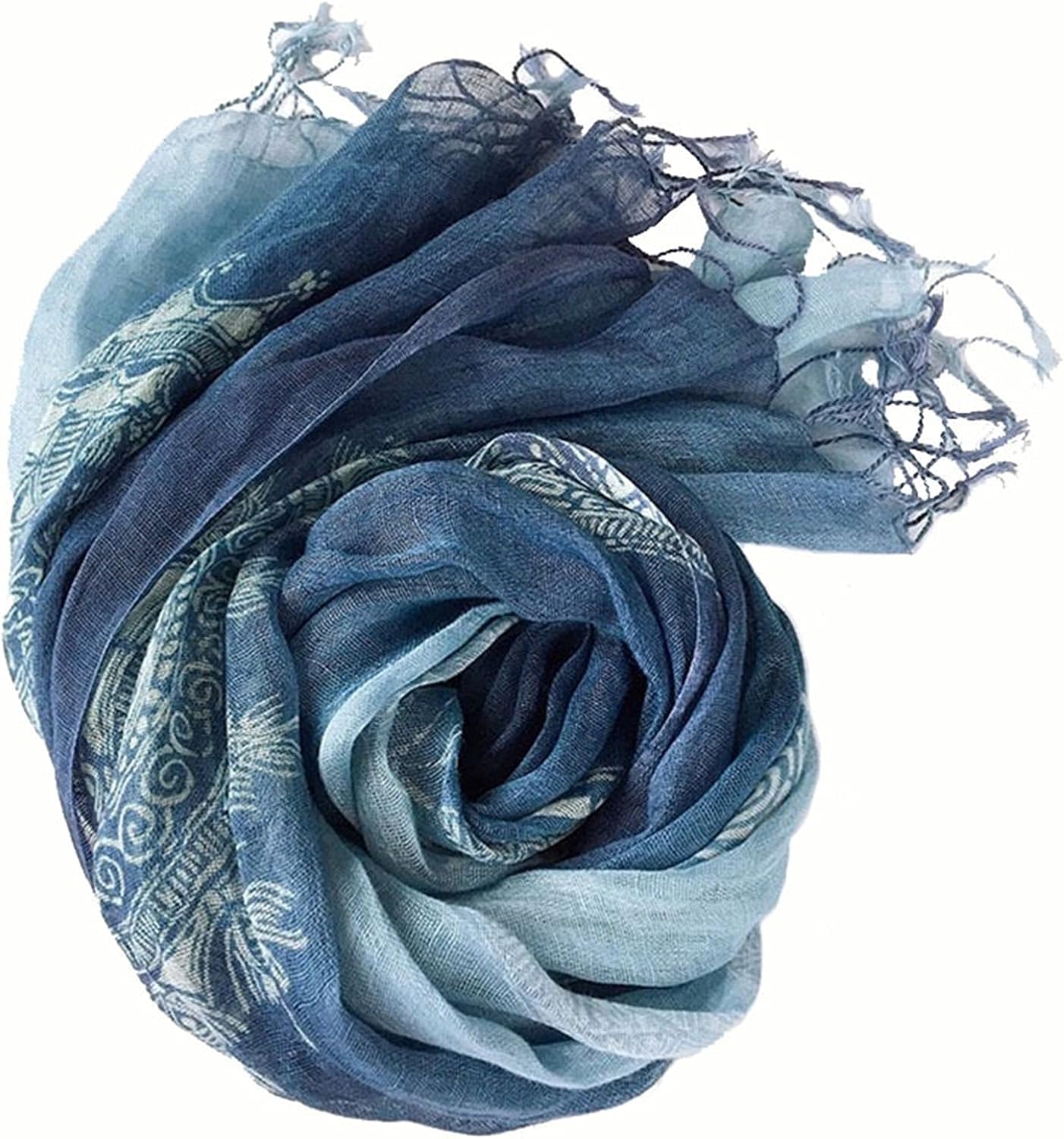 Fashion Ethnic Linen Scarf for Women Gradient Blue Batik Shawl Lightweight Fringed Sunscreen Silk Scarf Wrap (Color : A, Size : 60CMX185CM)
