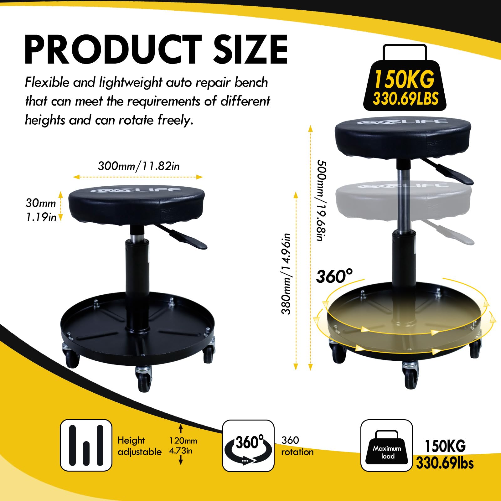 CCLIFE Tabouret d'Atelier à roulettes, 150 kg, Hauteur Réglable 38-50 cm, et 2 Inserts en Plastique Amovibles, Siège de Travail avec Roues pour Mécanicien