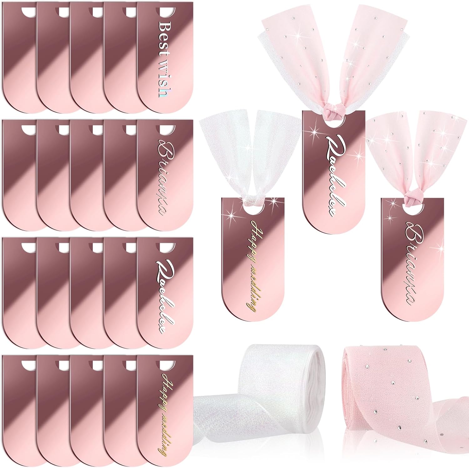 20 Pcs Mirror Rose Gold Acrylic Place Cards with Ribbon Wedding Name Cards DIY Blank Hanging Tags for Table Setting Reserved Signs Party Birthday Anniversary Event Stocking Tree (Rose Gold)