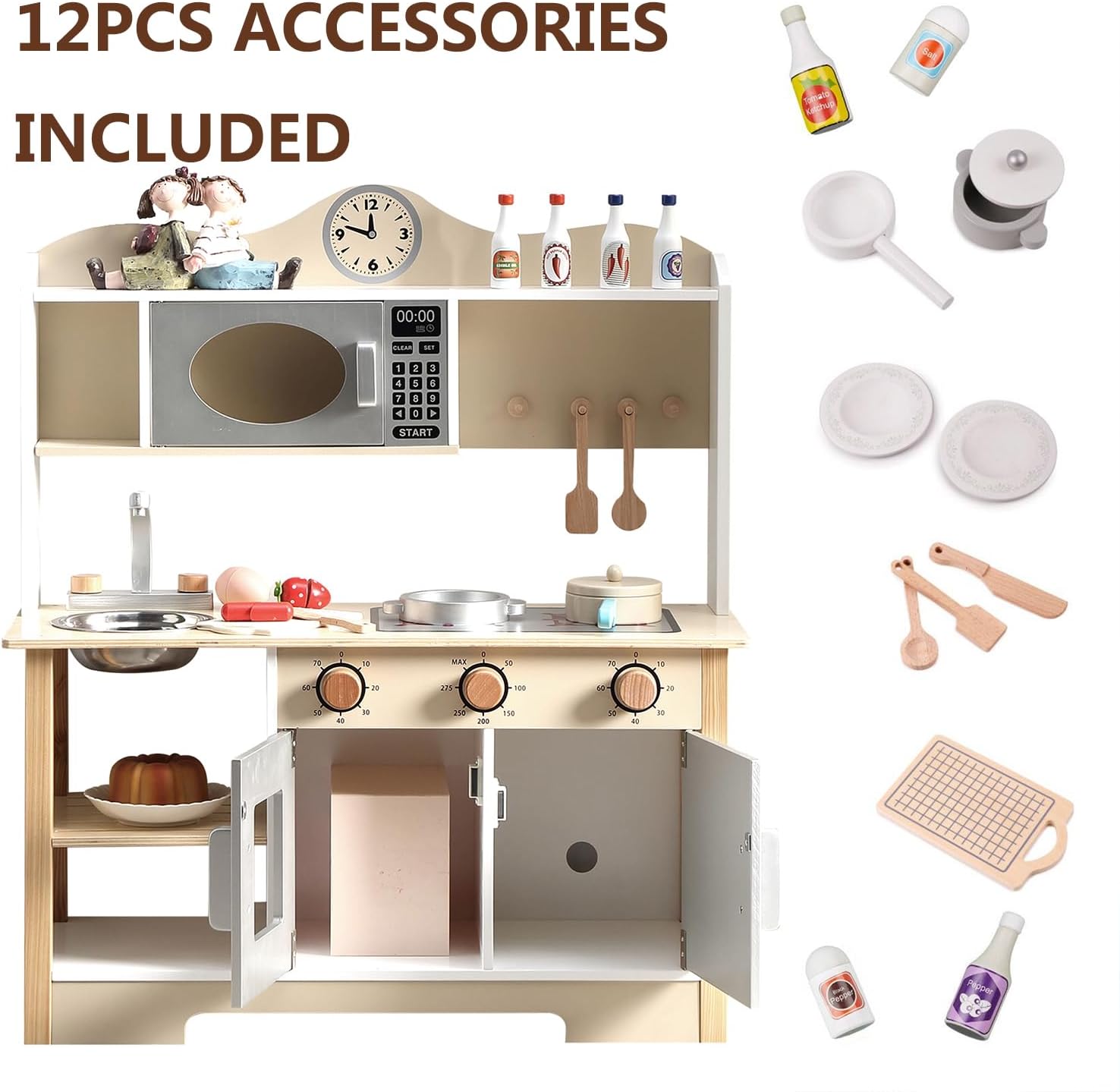 Wooden Play Kitchen, Kids Toy Kitchen Cooking Set, Kids Play Kitchen Pretend Play Set, Pretend Kitchen Playset for Toddlers Boys and Girls 3-7+