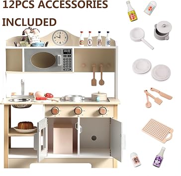 Wooden Play Kitchen, Kids Toy Kitchen Cooking Set, Kids Play Kitchen Pretend Play Set, Pretend Kitchen Playset for Toddlers Boys and Girls 3-7+