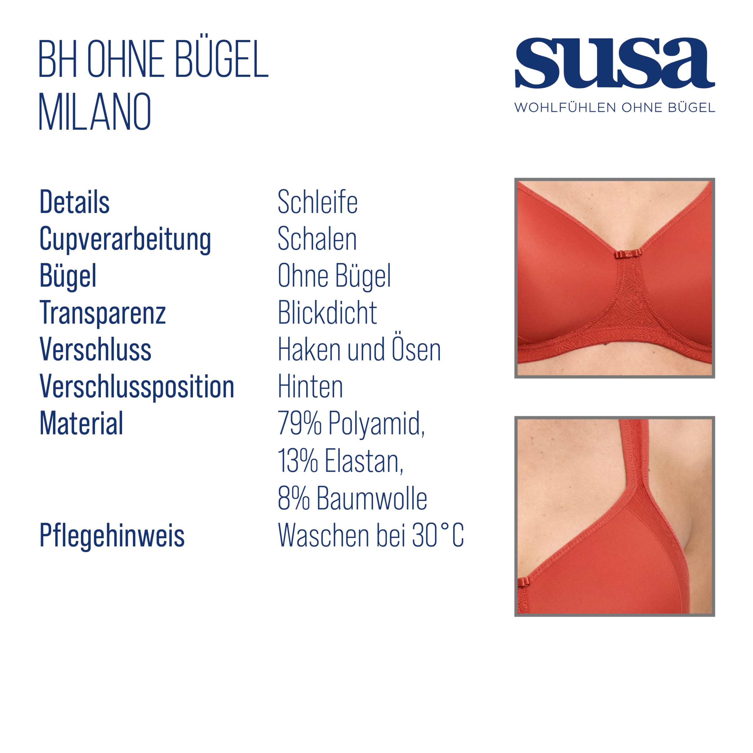 SUSA Schalen BH Damen ohne Bügel Milano I Damen-BHs mit nahtlos vorgeformten Cups I Dessous mit optimaler Passform und wunderbarem Hautgefühl