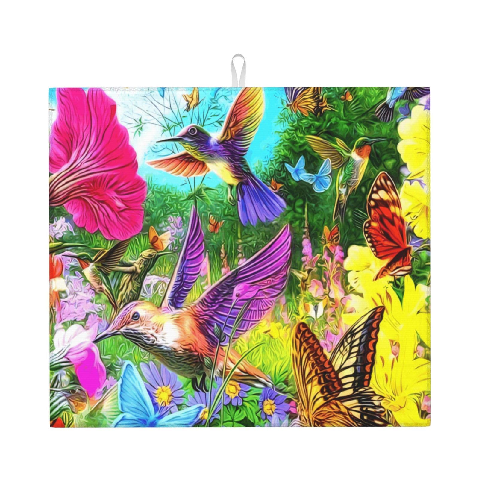 YYHHAOFA Spring Floral Butterfly Hummingbird Prints Kitchen Drying Mat – Absorbent Dish Throw for Countertops, Quick-Dry Non-Slip Layer with Stylish Prints, for New Homes