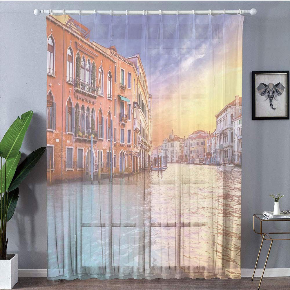 Amazon 2枚100x198cm レースカーテン 装飾ホーム ウインドウ窓 イタリアの装飾 歴史的な建物の有名な町の風景 ブルーオレンジとヨーロッパ の魔法のベニス運河 カーテン ブラインド オンライン通販