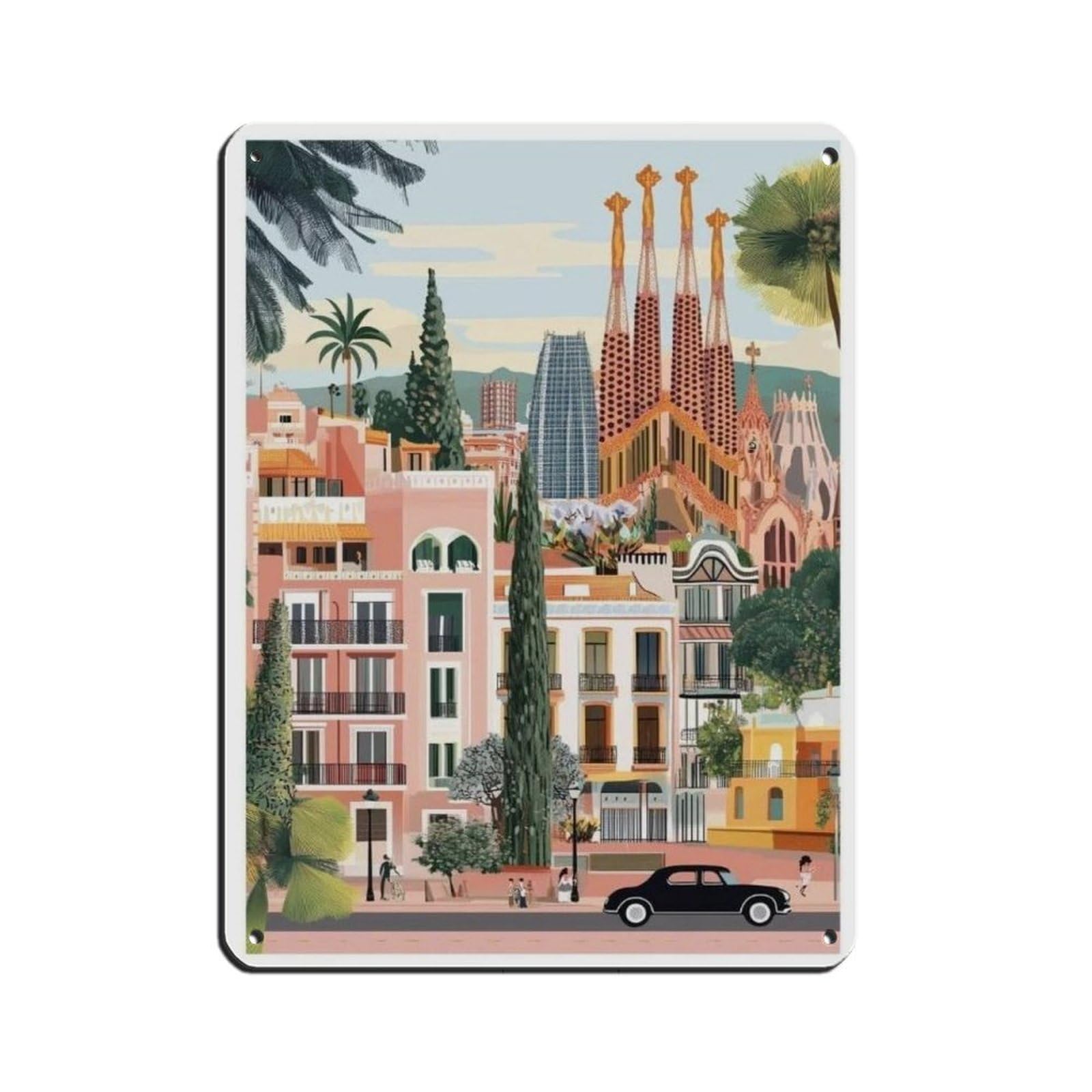 Lxwnze 30L X 40W Cm Barcelona Poster, Spain Art, Travel Poster Retro Poster Metal Tin Sign Chic Art Retro Iron Painting Bar People Cave Cafe Family Garage Poster Wall Decoration 12X16inch(30X40cm)