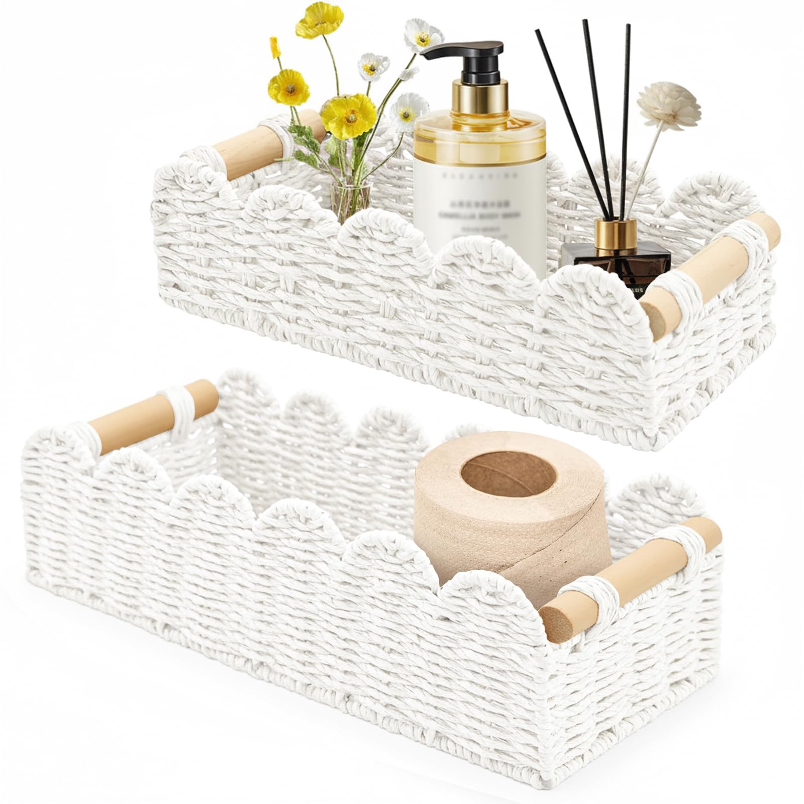 Yiomxhi 2 Pcs Wicker Storage Baskets, Woven Organizer Bins with Wooden Handles, Rope Scalloped Edge Toilet Paper Baskets for Bathroom, Shelf, Kitchen, Pantry, Countertop, Home Decor (White)